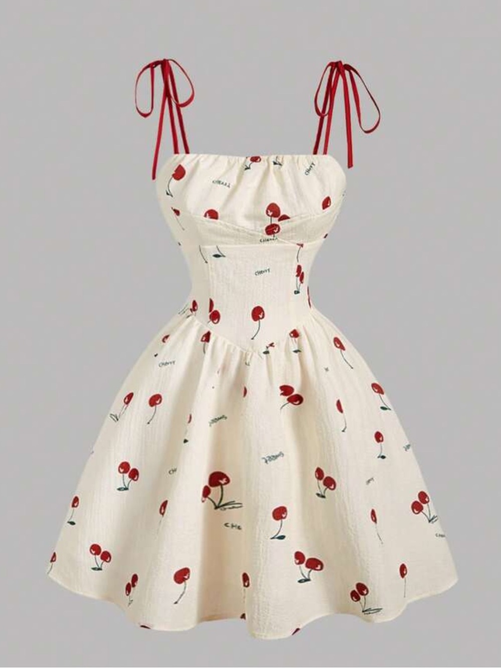 Cream Cherry Print Tie-Strap Sundress